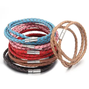 Pulsera de cuero trenzado multicapa con cierre magnético, joyería elegante apilable.