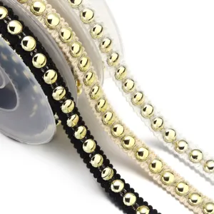Gold beaded braided ribbon trim set in black, beige, and white for garment sewing.