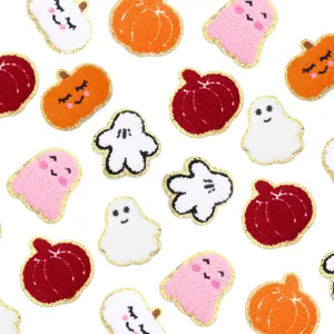 Toppe ricamate ciniglia Halloween, distintivi termoadesivi zucca fantasma oro per vestiti fai da te.