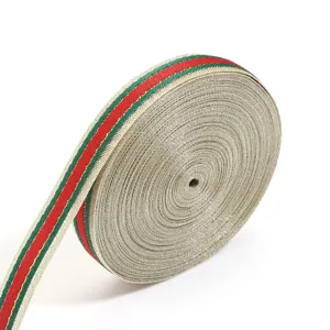 Classic red and green striped metallic gold polyester ribbon roll for Christmas gift wrapping.
