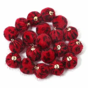 Red leopard print plush pom pom charms with gold loop for DIY jewelry making earrings necklace.