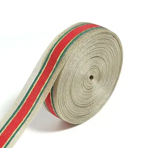 Polyester Christmas ribbon roll with red and green striped jacquard for gift wrapping.