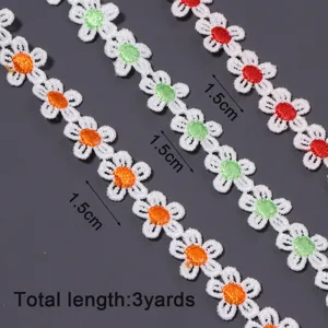 Polyester water soluble embroidered daisy lace trim, 1.5cm wide, 3 yards length for DIY crafts.