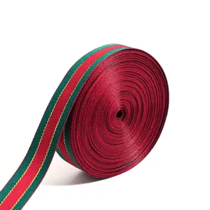 Red green striped polyester ribbon for gift wrapping and Christmas decoration crafts roll.