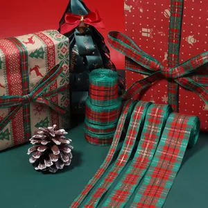 Christmas polyester plaid ribbon red green holiday gift wrapping bows decorative webbing accessories