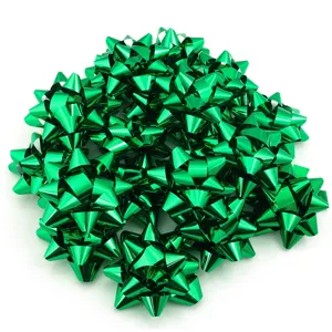 Green laser star bows for gift wrapping and Christmas party decoration, shiny ribbon bows.