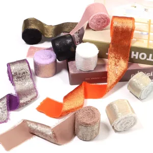 Metallic velvet fringe ribbon rolls in multi colors for wedding bouquet and gift box packaging