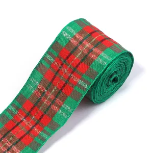 Christmas polyester plaid ribbon red green jacquard webbing for gift wrapping and decoration.