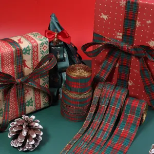 Christmas plaid ribbon red green jacquard webbing holiday gift wrapping DIY crafts decor