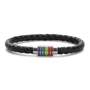 Bracciale in pelle intrecciata nera con chiusura magnetica arcobaleno per uomo e donna