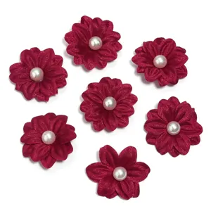 Red polyester double layered artificial pearl flower patch for DIY garment decoration
