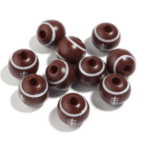 Brown wooden football beads, 10pcs sports theme loose craft beads for DIY bracelet accessories.