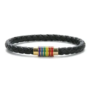 Bracciale in pelle PU intrecciata nera con chiusura magnetica arcobaleno gioiello moda