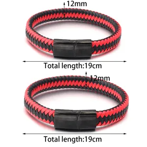Stijlvolle zwart-rode gevlochten PU-lederen armband met handige roestvrijstalen magneetsluiting