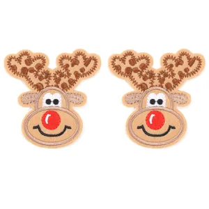 Close-up details of Christmas reindeer iron-on embroidery patch, cute holiday DIY fabric craft.