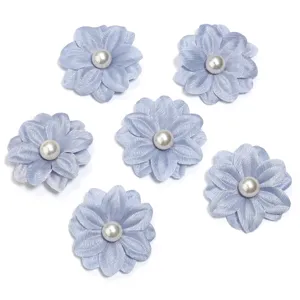 Blue fabric flower detail view, double layer satin petal with faux pearl center for DIY crafts.