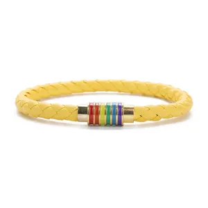 Bracciale in ecopelle PU gialla intrecciata con chiusura magnetica colorata per moda quotidiana.