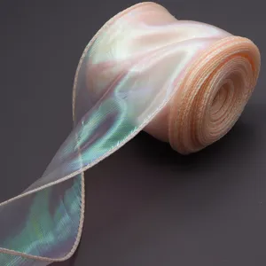 Iridescent sheer organza ribbon roll for bouquet packaging, gift wrapping, and party decor.