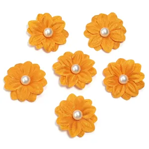 4cm yellow double layer fabric flower with pearl for DIY garments and accessories decor.