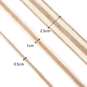 Close-up detail of white edged jute twine ribbon, showing width options 0.5cm, 1cm and 2.5cm.