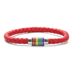 Bracciale in pelle PU intrecciata rossa con chiusura magnetica arcobaleno colorata per moda casual