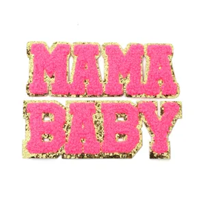 Pink chenille glitter letter patches spelling mama baby for DIY clothing and phone case decor