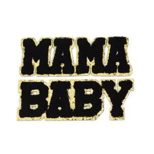 Gold glitter chenille letter patches MAMA and BABY iron on DIY clothing accessories.