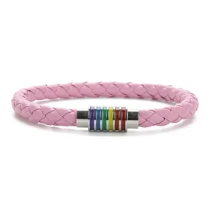 Bracciale intrecciato in pelle PU rosa con chiusura magnetica arcobaleno moda donna