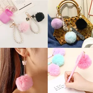 Fluffy pom pom keychain pearl strap bag charm cute plush accessory set for daily use