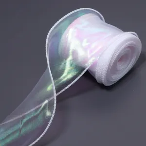 Iridescent organza ribbon with wired edge for gift wrapping, floral bouquets, and party decor.