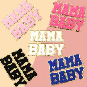 Chenille letter patches MAMA BABY gold glitter border iron on DIY apparel accessories