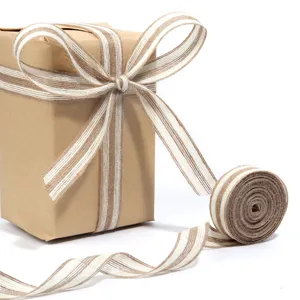 Natural jute burlap ribbon with white edges, perfect for DIY gift wrapping, craft and floral decor.