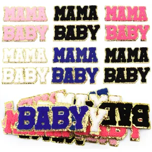 Glitter gold edge chenille MAMA BABY letter patches for clothes phone cases party decor.