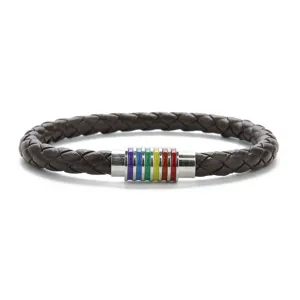 Bracciale in ecopelle intrecciata marrone con chiusura magnetica arcobaleno, gioiello elegante.