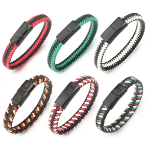 Gevlochten PU lederen koppel armband met zwarte roestvrijstalen magnetische sluiting