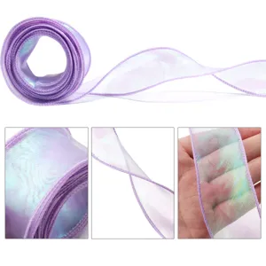Detailed close-up shots of iridescent organza ribbon with wired wave edge for gift wrapping.