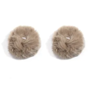 Fluffy khaki faux fur pom pom balls with white loops for keychains, bags, and DIY crafts.
