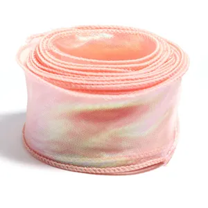 Pink iridescent wavy fishtail yarn ribbon for bouquet gift wrapping and party decoration details.