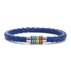 Bracciale in pelle PU intrecciata blu con chiusura magnetica arcobaleno, accessorio.