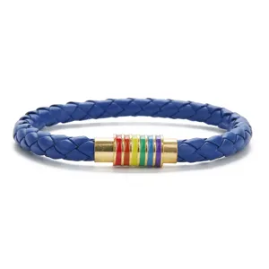 Bracciale in ecopelle PU intrecciata blu con chiusura magnetica arcobaleno, bigiotteria