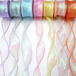 Colorful iridescent wavy organza ribbon for gift packaging and party decoration crafts.