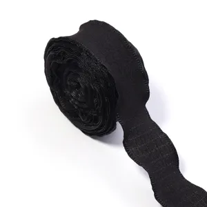 Black ruffled ribbon roll trim for gift wrapping, hair bows, and garment accessories.