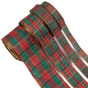 Christmas plaid ribbon with gold threads for gift wrapping, holiday decoration and DIY crafts.