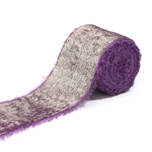 Close-up detail of the purple gold flocked ribbon, showing unique frayed edges clearly.