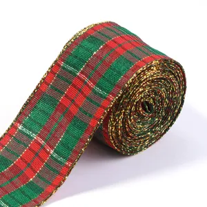Christmas red and green plaid ribbon with gold glitter edge for gift wrapping bow decor 1 roll