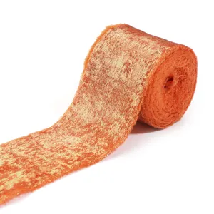 Orange gold flocked raw edge ribbon roll for wedding bouquet gift box wrapping and decor