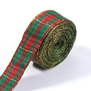 Christmas Red Green Plaid Ribbon Metallic Gold Edge Polyester Webbing for Gift Box Wrapping