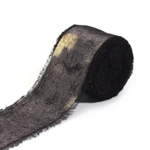 Black frayed edge flocked ribbon with gold foil for wedding bouquet invitation bow gift box