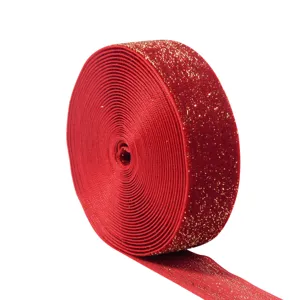 Red velvet ribbon with gold glitter, single-sided glitter velvet webbing for gift wrapping and bows.