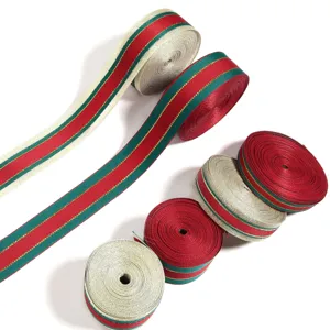 Christmas polyester ribbon red and green striped jacquard webbing for gift wrapping and bows.